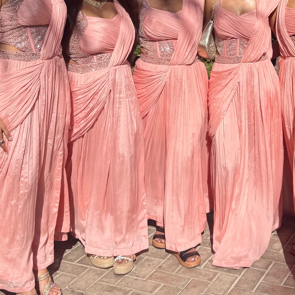 Women’s Pink Chiffon Evening Dress with Draped Sari-Inspired Skirt